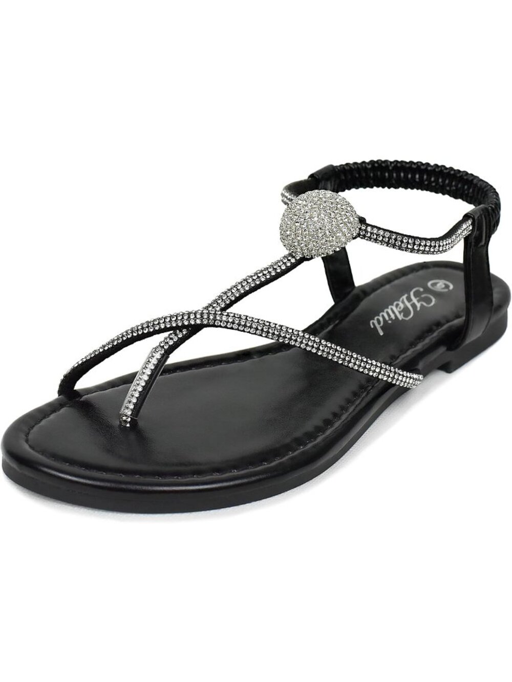 Women's Black Comfortable Sparkly Rhinestone Strappy Boho Bling Flats Sandals